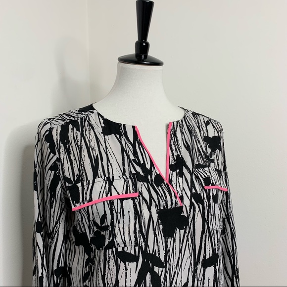 New York & Company | Black & White Floral Blouse with Pink Piping